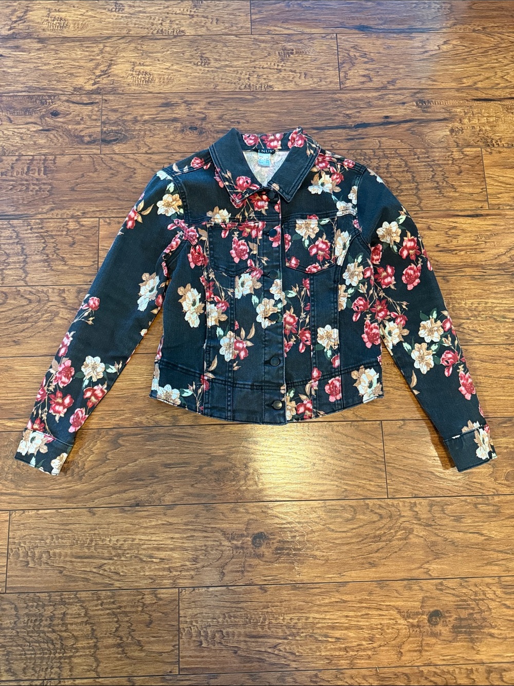 VENUS Black Denim Jacket with Red & Cream Floral Print